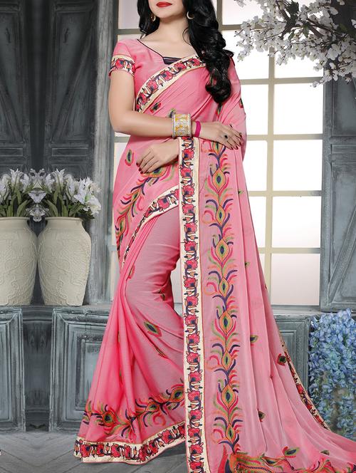 pink chiffon embroidered saree with blouse - 15009852 - Standard Image - 1