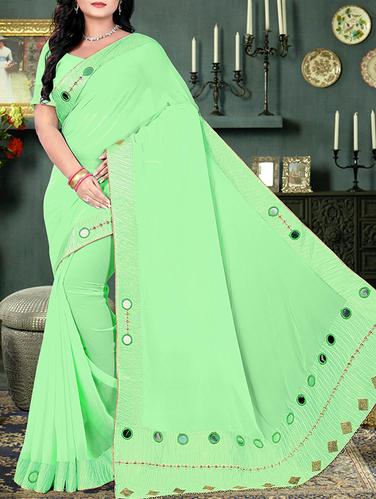 green georgette bordered saree with blouse - 15009861 - Very Small Image - 1