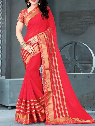 pink georgette bordered saree with blouse - 15009862 - Very Small Image - 1
