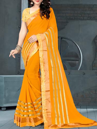 yellow georgette bordered saree with blouse - 15009863 - Very Small Image - 1