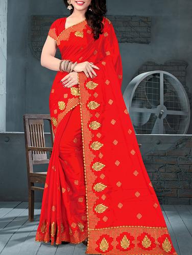 red silk blend embroidered saree with blouse - 15009871 - Very Small Image - 1