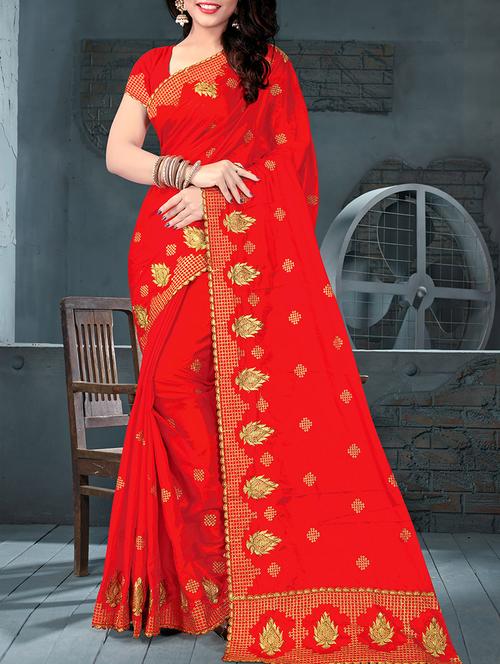 red silk blend embroidered saree with blouse - 15009871 - Standard Image - 1