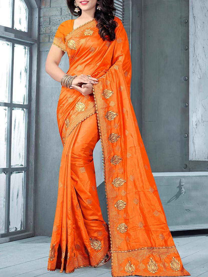orange silk embroidered saree with blouse - 15009874 - Zoom Image - 1