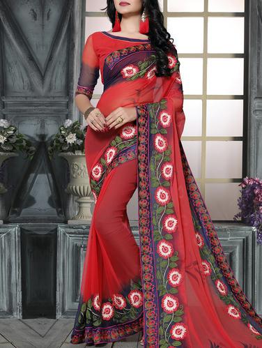 red chiffon embroidered saree with blouse - 15009876 - Very Small Image - 1