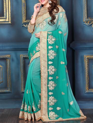 turquoise georgette embroidered saree with blouse - 15009890 - Very Small Image - 1