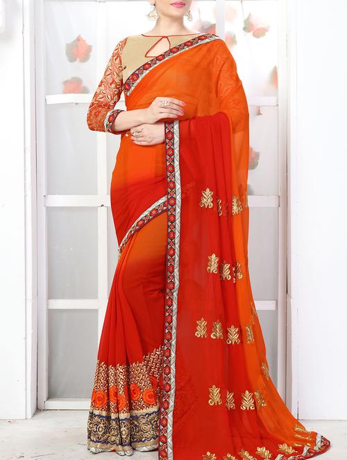 orange georgette embroidered saree with blouse - 15009895 - Very Small Image - 1