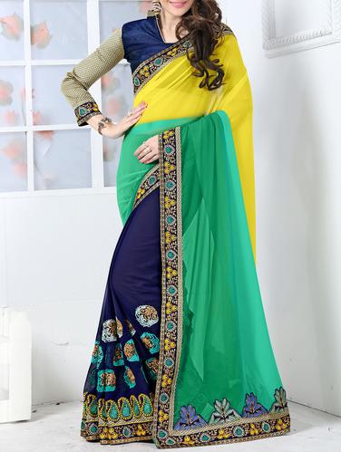 blue colored embroidered saree with blouse - 15009897 - Very Small Image - 1