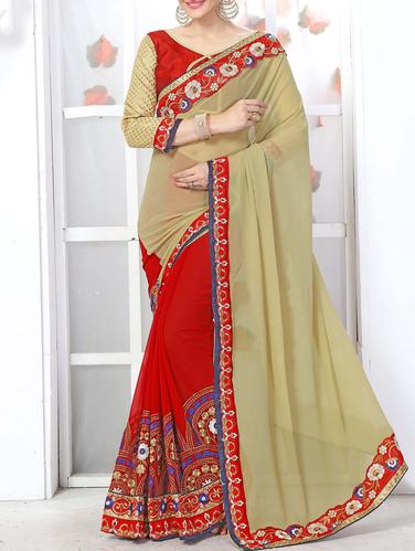 beige half and half saree with blouse - 15009899 - Very Small Image - 1