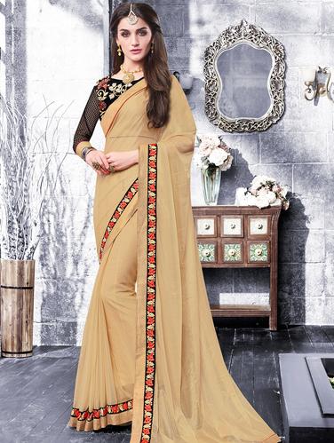 beige synthetic bordered saree with blouse - 15009974 - Very Small Image - 1
