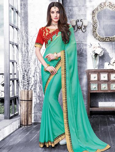 turquoise chiffon bordered saree with blouse - 15009977 - Very Small Image - 1