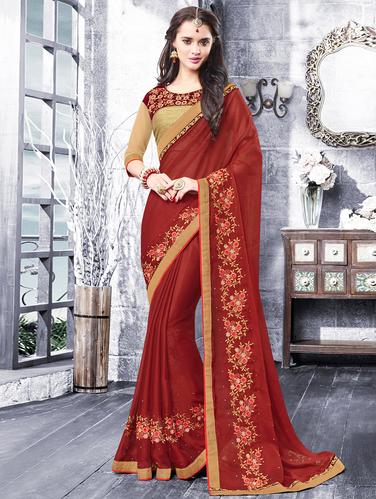 Floral embroidered saree with blouse - 15009978 - Very Small Image - 1