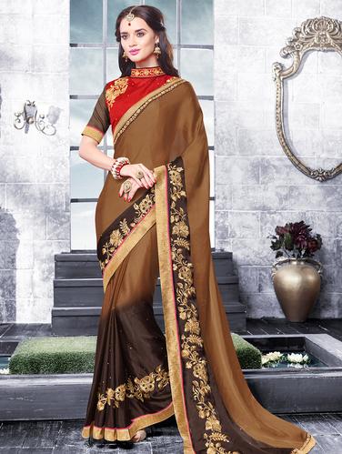 beige georgette embroidered saree with blouse - 15009979 - Very Small Image - 1
