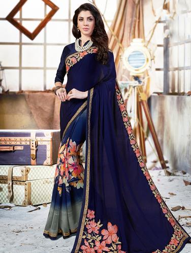 blue georgette embroidered saree with blouse - 15009985 - Very Small Image - 1