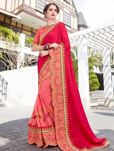 Embroidered half and half saree with blouse - 15009992 - Very Small Image - 1