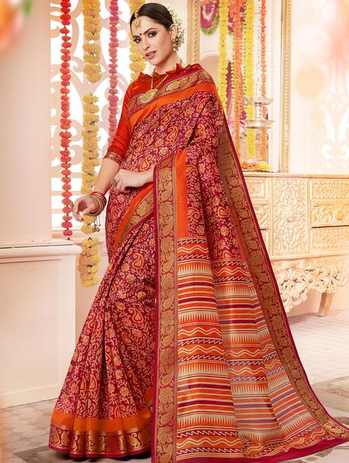 red cotton silk printed saree with blouse - 15010020 - Very Small Image - 1