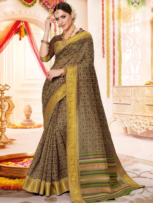 brown cotton silk printed saree with blouse - 15010022 - Very Small Image - 1