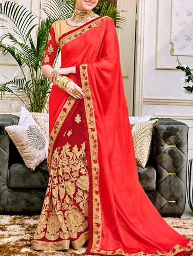 red georgette half and half saree with blouse - 15010039 - Very Small Image - 1