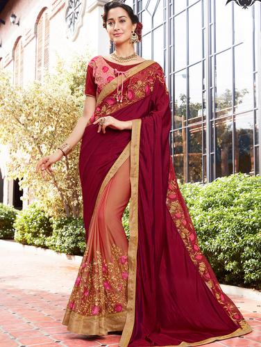 Embroidered half and half saree with blouse - 15010048 - Very Small Image - 1