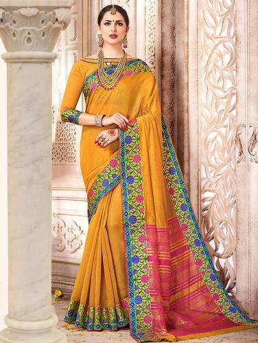 mustard cotton silk bordered saree with blouse - 15010063 - Very Small Image - 1