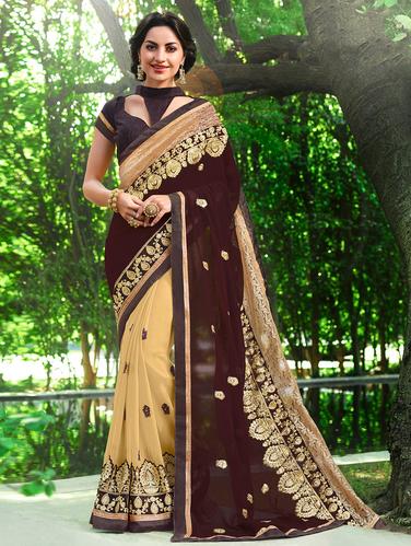 Embroidered half and half saree with blouse - 15010068 - Very Small Image - 1