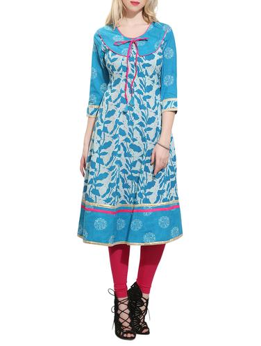 ske blue cotton flared kurta - 15010129 - Very Small Image - 1