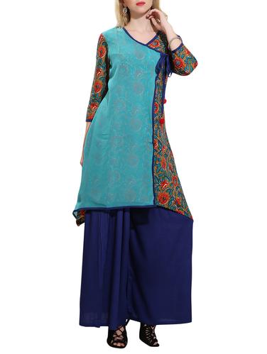 blue cotton angrakha kurta - 15010136 - Very Small Image - 1