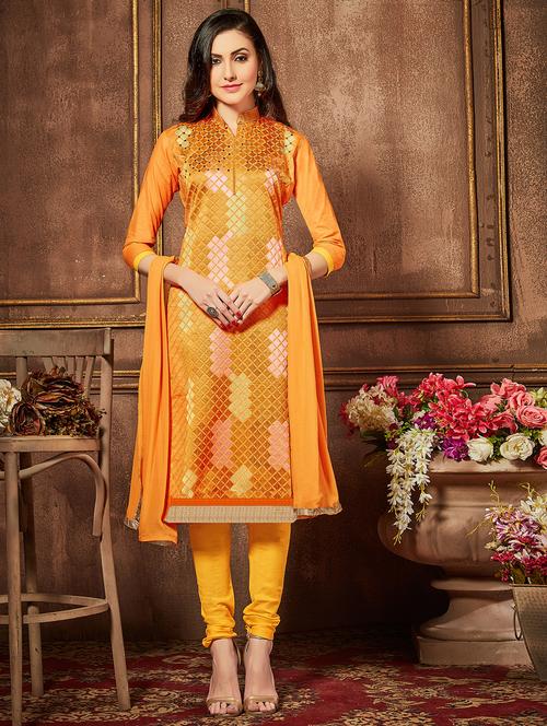 orange cotton churidaar suits unstitched suit - 15010171 - Standard Image - 1