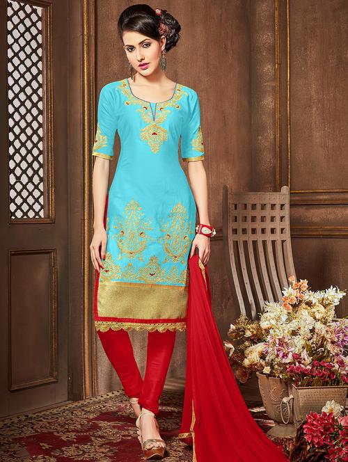 blue cotton churidaar suits unstitched suit - 15010179 - Standard Image - 1
