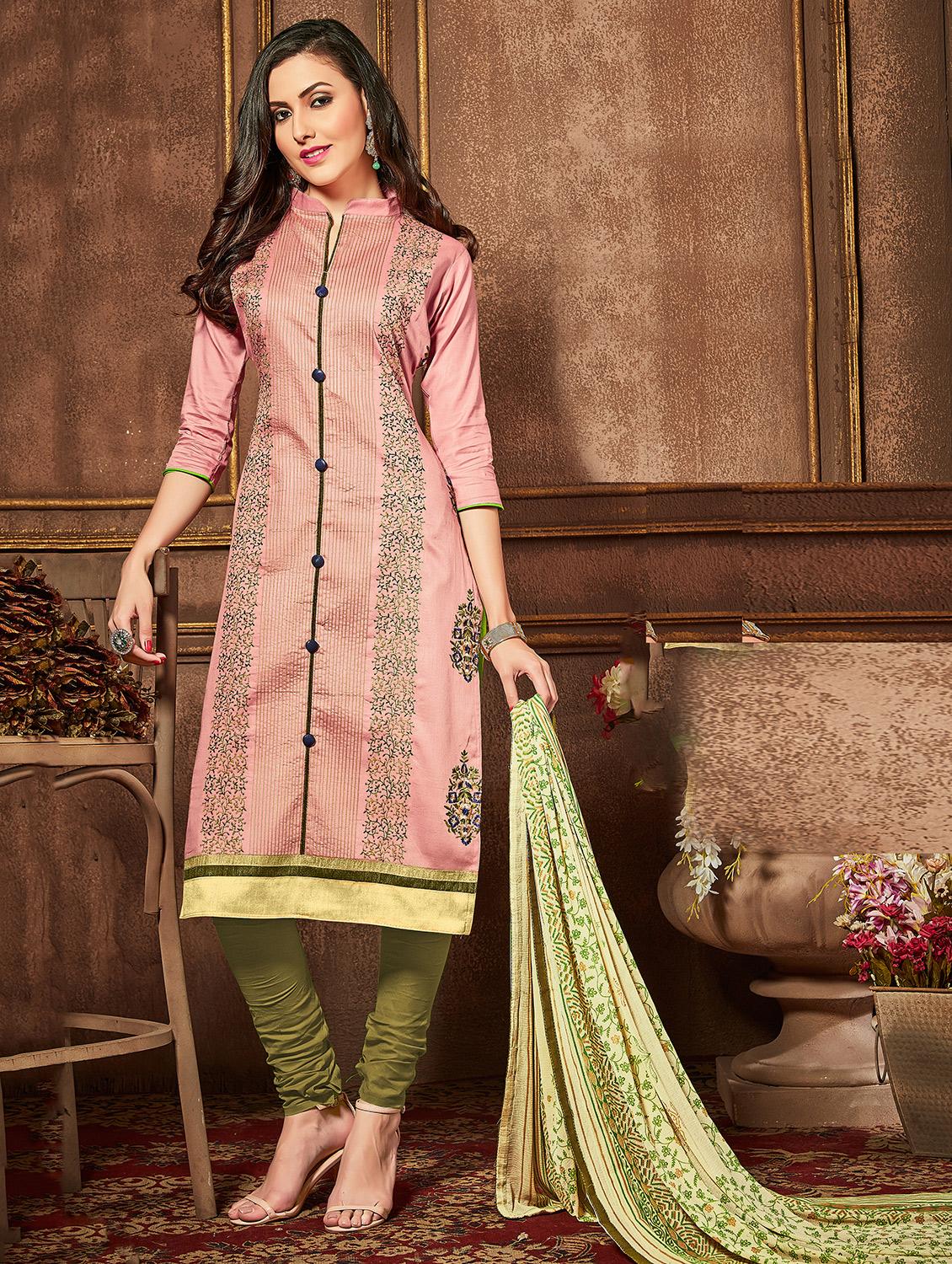 pink cotton churidaar suits unstitched suit - 15010183 - Zoom Image - 1