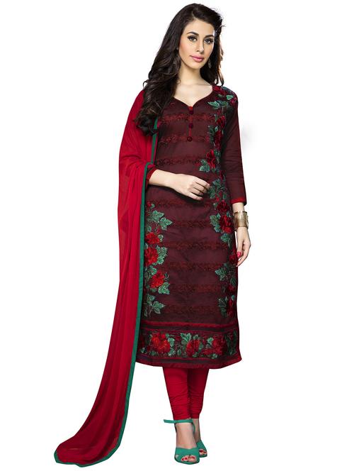 maroon cotton churidaar suits unstitched suit - 15010202 - Standard Image - 1