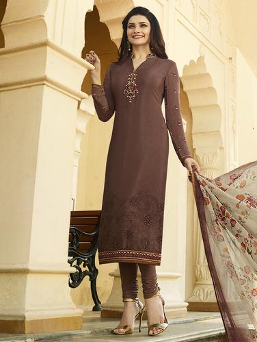 brown crepe churidaar suits semistitched suit - 15010440 - Very Small Image - 1