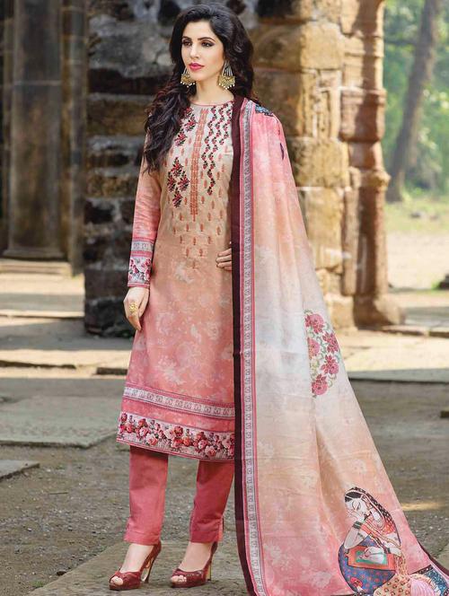 peach cotton straight pant suits semistitched suit - 15010451 - Standard Image - 1