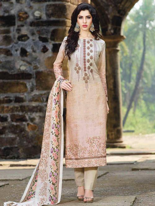 Beige straight pant suits semi-stitched suit - 15010453 - Standard Image - 1