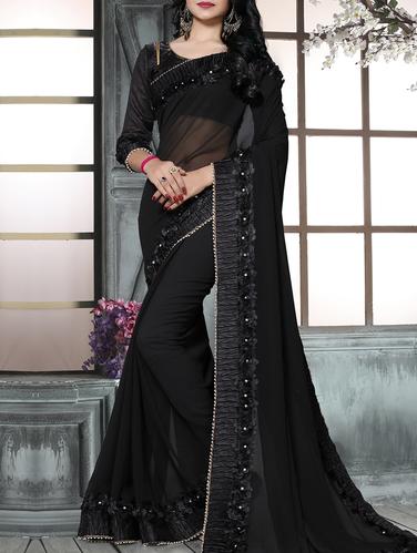 black georgette bordered saree with blouse - 15010513 - Very Small Image - 1