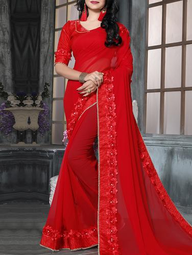 red georgette bordered saree with blouse - 15010519 - Very Small Image - 1