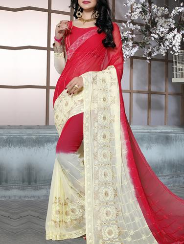 red chiffon embroidered saree with blouse - 15010520 - Very Small Image - 1