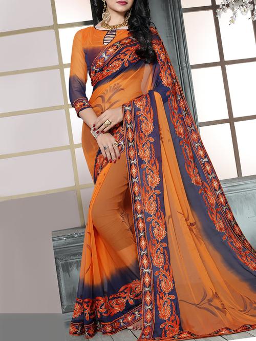 orange chiffon embroidered saree with blouse - 15010539 - Standard Image - 1