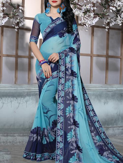 sky blue chiffon embroidered saree with blouse - 15010552 - Standard Image - 1