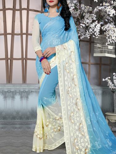 sky blue chiffon embroidered saree with blouse - 15010553 - Very Small Image - 1
