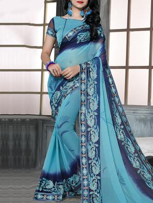sky blue chiffon embroidered saree with blouse - 15010561 - Standard Image - 1