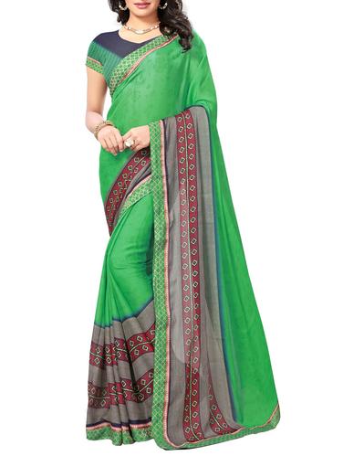 green georgette printed saree with blouse - 15010597 - Very Small Image - 1