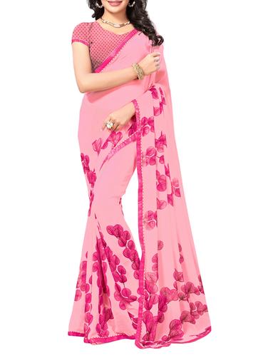 pink georgette printed saree with blouse - 15010605 - Very Small Image - 1