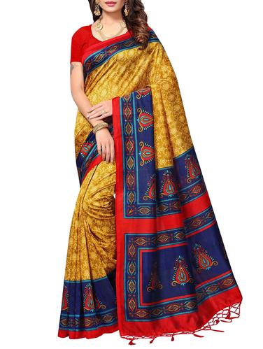 yellow art silk printed saree with blouse - 15010657 - Very Small Image - 1