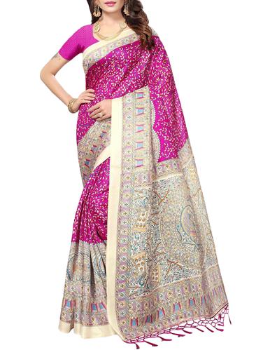 Contrast bordered printed saree with blouse - 15010667 - Very Small Image - 1