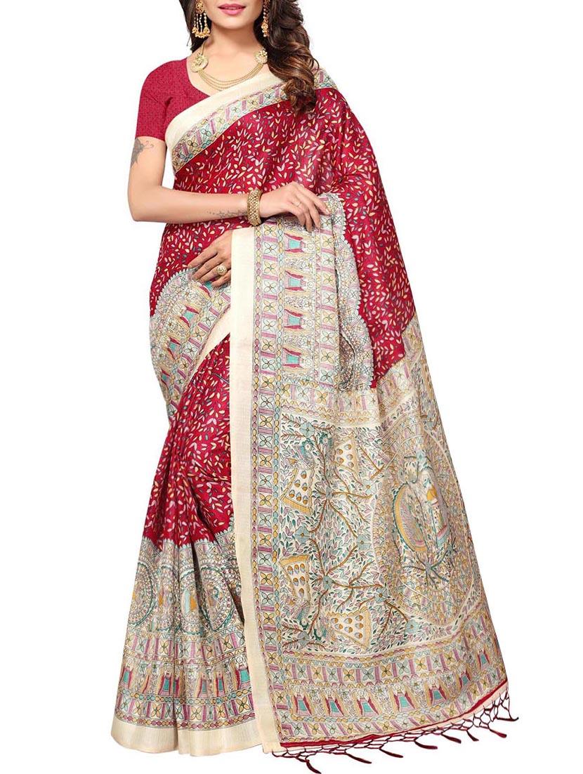 Contrast bordered printed saree with blouse - 15010668 - Zoom Image - 1