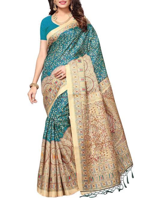 turquoise art silk printed saree with blouse - 15010669 - Standard Image - 1