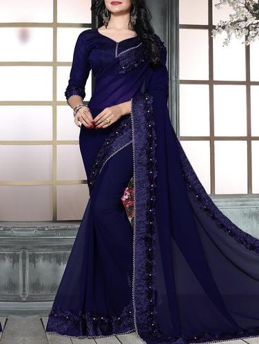 blue georgette bordered saree with blouse - 15010810 - Very Small Image - 1