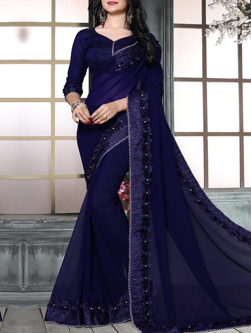 blue georgette bordered saree with blouse - 15010810 - Very Small Image - 1