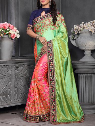 green silk half & half saree with blouse - 15010836 - Very Small Image - 1