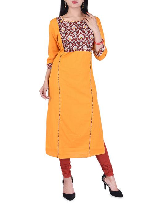 yellow cotton straight kurta - 15011260 - Very Small Image - 1